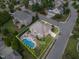 Aerial view of a luxury home with a white outline, kidney-shaped pool, patio, manicured landscaping and lush green lawn at 5026 Clyden Cv, Raleigh, NC 27612