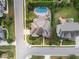 Aerial view of a home's roof, pool, landscaping, lawn and surrounding street in a well maintained neighborhood at 5026 Clyden Cv, Raleigh, NC 27612