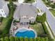 Aerial view of a large home featuring a pool, covered patio, and lush landscaping at 5026 Clyden Cv, Raleigh, NC 27612