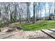 Picturesque backyard with a cozy fire pit area and lush green lawn surrounded by mature trees at 6812 Valley Dr, Raleigh, NC 27612