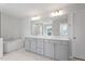 Elegant bathroom with a glass shower, soaking tub, double vanity, and modern fixtures at 124 Hemlock Falls Trl # 189, Raleigh, NC 27603