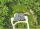 Aerial view showcases the home's lush landscaping, circular driveway, and serene surroundings at 40 Park Meadow Ln, Youngsville, NC 27596