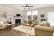 Bright living room featuring a fireplace, plush seating, large windows, and dark hardwood floors for comfortable living at 420 Retreat Ln, Wake Forest, NC 27587
