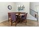 Well-appointed dining area with modern furnishings and wooden floors with stairwell access at 1 Parker Pond Ct, Durham, NC 27703