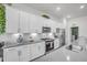 Modern kitchen featuring stainless appliances, white cabinetry, subway tile backsplash and an island with gray countertops at 1 Parker Pond Ct, Durham, NC 27703