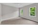 Bright bedroom featuring neutral carpet, light grey walls, and two windows offering natural light at 12912 Grey Willow Dr, Raleigh, NC 27613