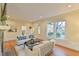 Bright living room features a stone fireplace, hardwood floors, and front windows at 301 Hillsborough St, Chapel Hill, NC 27514
