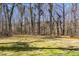 Large, grassy backyard surrounded by mature trees and natural landscaping at 350 W Lake Trl, Mebane, NC 27302