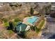 Aerial view of a community pool with a green roof pool house and parking at 3905 Grandbridge Dr, Apex, NC 27539