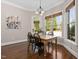 Cozy dining area with a wooden table, black chairs, and large windows offering natural light and backyard views at 3905 Grandbridge Dr, Apex, NC 27539
