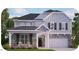 Charming two-story home with gray siding, black shutters and a covered front porch at 7569 Percussion Dr, Apex, NC 27539