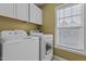 Bright laundry room with white washer and dryer units, white cabinets, and a window at 101 Cambridge Way, Oxford, NC 27565