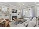 Cozy living room showcasing a fireplace, built-in shelves, large window, and an inviting sofa and club chair arrangement at 2401 Chianti Ct, Apex, NC 27502