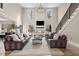 Grand living room featuring a stone fireplace, high ceilings, and comfortable leather seating at 2418 Crossroads Ave, Hillsborough, NC 27278