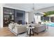 Stylish living room featuring an entertainment center with fireplace and views of the outdoor pool area at 4300 Camelot Dr, Raleigh, NC 27609