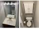 This half bath features a vanity and toilet with a cabinet for storage at 502 Forest Court, Carrboro, NC 27510