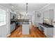 Modern kitchen featuring gray cabinetry, granite countertops, an island, and stainless steel appliances with wood floors at 604 Chadbourne Dr, Durham, NC 27703