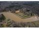 Expansive aerial view showcasing a scenic lake and the surrounding homes at 180 Normandy Rd, Louisburg, NC 27549