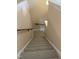 Carpeted staircase featuring a wooden handrail and neutral wall color at 1904 Baronsmede Dr, Raleigh, NC 27615