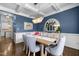 Dining room features coffered ceilings, elegant chandelier, and hardwood flooring at 209 Plyersmill Rd, Cary, NC 27519