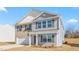 Attractive two-story home with a blend of brick and blue siding, dark shutters, and a covered front porch entry at 215 Leven Dr, Gibsonville, NC 27249