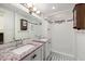 Stylish bathroom featuring double sinks, granite counters, and tiled shower with black and white accents at 603 Polk St, Raleigh, NC 27604
