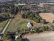 Bird's eye view of a charming house, expansive lawn, and bordering farmland, promising serene country living at 6404 Pulley Town Rd, Wake Forest, NC 27587