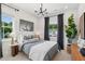 Comfortable bedroom with neutral tones, a large window, stylish decor and a houseplant in the corner at 1035 Zelkova Ln, Chapel Hill, NC 27517
