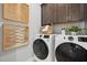 Well-organized laundry room with front load washer and dryer, upper cabinets and stylish decor at 1035 Zelkova Ln, Chapel Hill, NC 27517