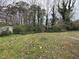 View of backyard, partially covered with grass and leaves with a tree line behind a fence at 200 Rand Mill Rd, Garner, NC 27529