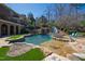 Backyard oasis featuring a luxurious pool, waterfall, water slide, and lush landscaping at 2421 Acanthus Dr, Wake Forest, NC 27587