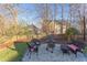 Backyard patio featuring a fire pit with black wicker chairs at 3109 Doe Hill Ct, Raleigh, NC 27612