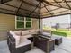 This patio features a gazebo with comfortable seating and an outdoor fire pit at 516 Spaulding St, Burlington, NC 27215