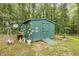 Well maintained outdoor storage building on green lawn surrounded by trees at 1316 Raybon Dr, Wendell, NC 27591