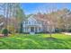 Charming two-story home with manicured lawn, mature trees, and a welcoming front porch at 204 Dartmoor Ln, Raleigh, NC 27614