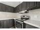 Close-up of stove with stainless steel vent hood and dark cabinets at 248 Dutches Ln, Henderson, NC 27537