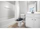 Full bath features a tub/shower combo and single sink vanity at 3659 Coach Lantern Ave, Wake Forest, NC 27587