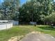Spacious backyard with above-ground pool, storage building and mature trees at 412 Nc-82, Dunn, NC 28334