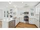 Bright kitchen features white cabinetry, stainless steel appliances, quartz countertops, and wood-look flooring at 802 Pleasant Dr, Durham, NC 27703