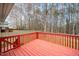 View of the red painted deck overlooking backyard and trees at 936 Amersham Ln, Wake Forest, NC 27587