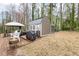 Backyard features a storage shed, patio furniture, and a BBQ grill at 3650 Durwood Ln, Raleigh, NC 27604