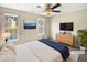 This staged bedroom is bright and airy, with plenty of space and natural light at 910 Savin Lndg, Knightdale, NC 27545