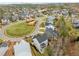 Aerial view of a neighborhood with homes, a playground, and tree-lined streets at 112 Pointe Park Cir, Holly Springs, NC 27540