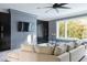 Cozy living room featuring a large sectional sofa, built in cabinets, and a ceiling fan at 1421 Sky Vista Way, Raleigh, NC 27613