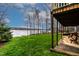 Backyard view from covered porch showing lush lawn and lake access at 651 Sagamore Dr, Louisburg, NC 27549