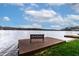 Scenic lake view of a lakefront property with a dock and bench to relax and enjoy the lake at 651 Sagamore Dr, Louisburg, NC 27549