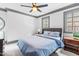 Serene bedroom featuring a ceiling fan, two windows, and a comfortable bed with blue bedding at 10726 Trego Trl, Raleigh, NC 27614