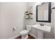 Powder room features a pedestal sink, framed mirror, and decorative shelving with greenery accents at 1726 River Club Way, Franklinton, NC 27525