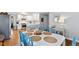 Dining room shows a white table with blue chairs and view to kitchen with white cabinets at 1817 Rankin St, Raleigh, NC 27604