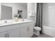 Bathroom featuring a double vanity, white cabinets, modern fixtures, and large mirror at 2148 Monk Dr, Haw River, NC 27258